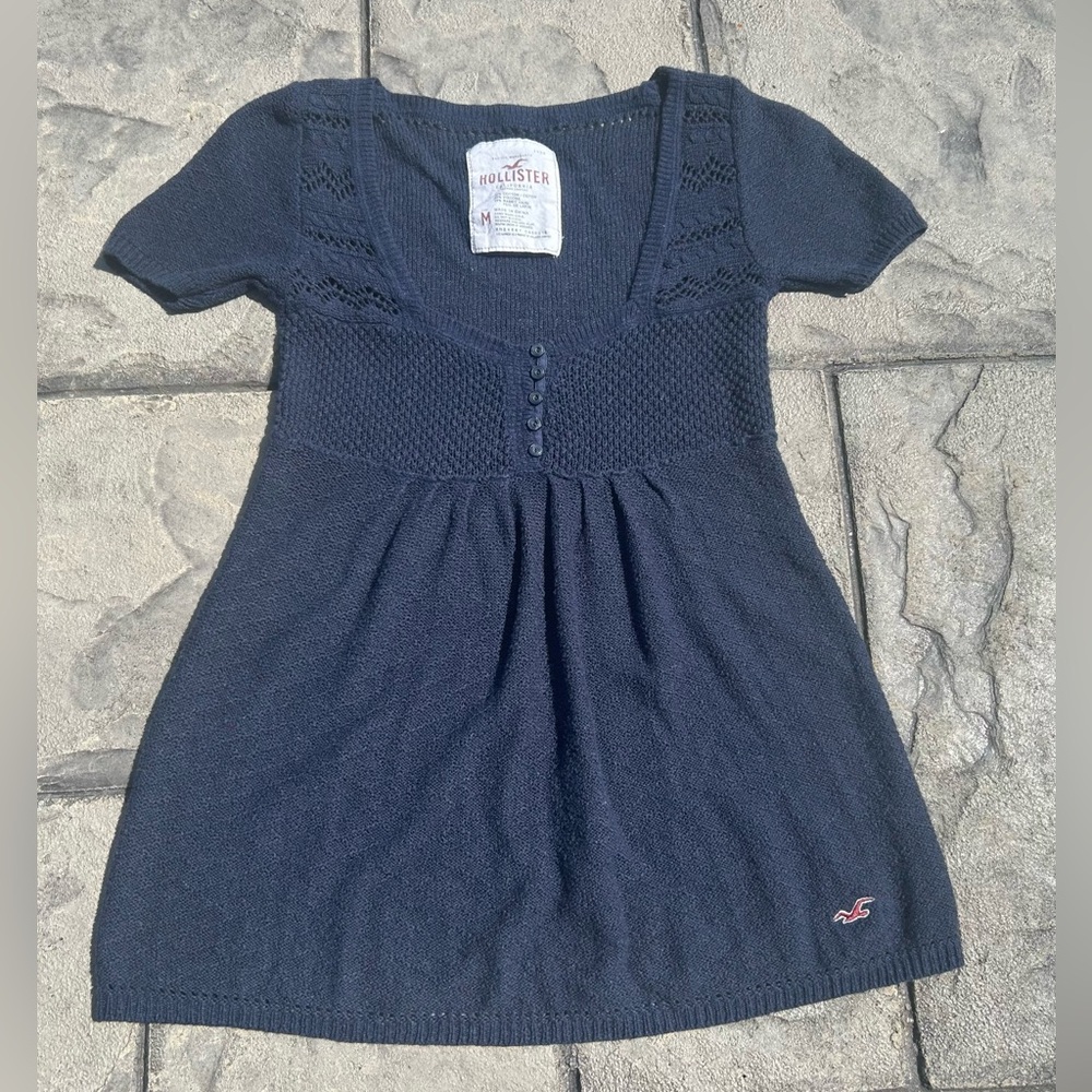 Vintage Y2K Hollister Navy Knit Short-Sleeve Babydoll Top Buttons Henley XS S M